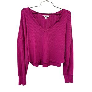 Joy Lab Cropped Top Size Medium Waffle Knit V Neck Long Sleeve Magenta Pink Cozy